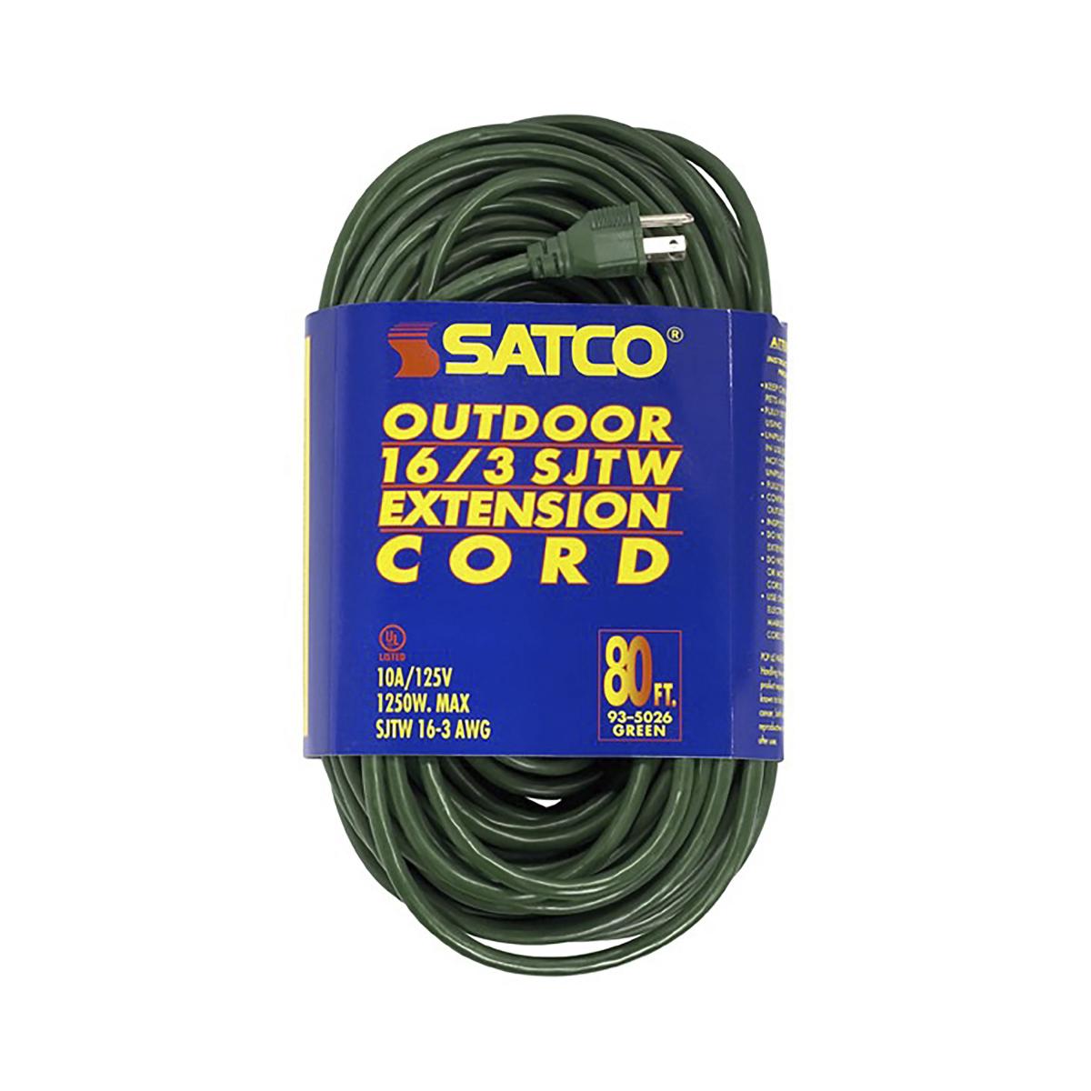 Satco 93-5026 80 Foot Green Heavy Duty Outdoor Extension Cord 16/3 Ga. SJTW-3 Green Cord With Sleeve 10A-125V 1250W