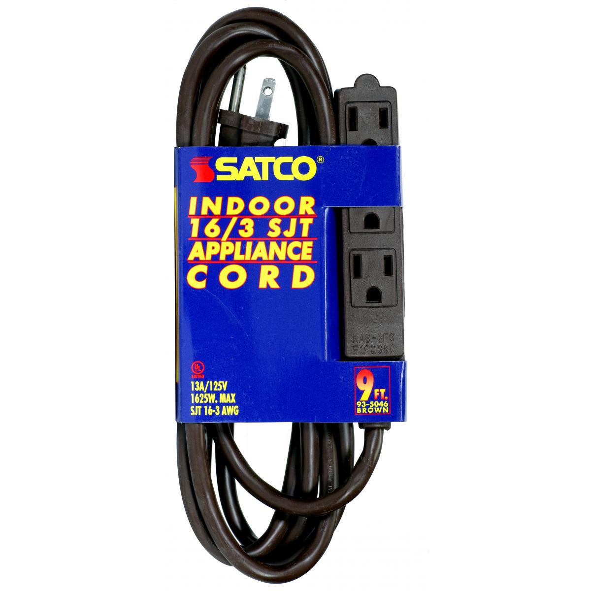 Satco 93-5046 9 Foot Extension Cord Brown Finish 16/3 SJT Indoor Only 13A-125V-1625W Rating