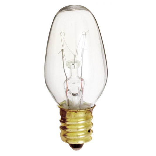 Satco S4725 7C7 7 Watt C7 Incandescent Clear 3000 Average rated hours 35 Lumens Candelabra base 120 Volt 4-Card